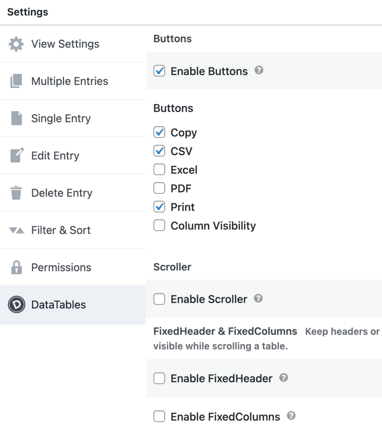 DataTables settings