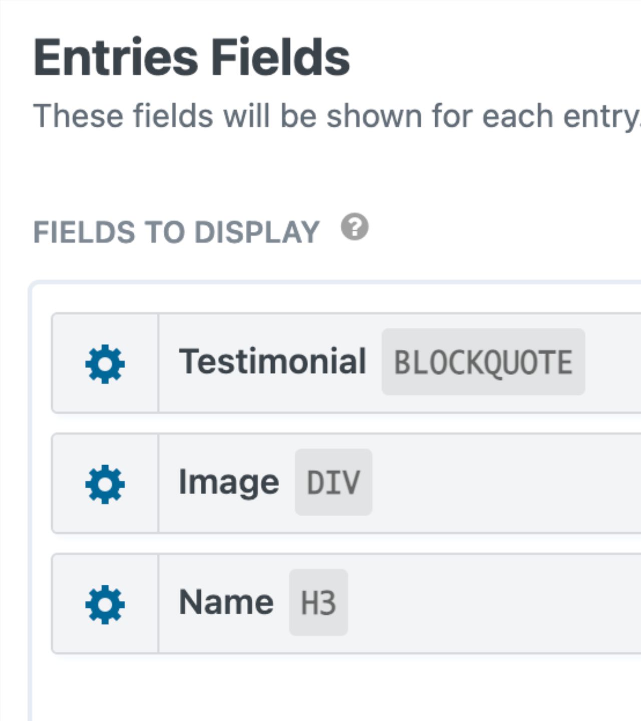 Fields inside GravityView's editor; each has an HTML associated with it including blockquote, div and H3