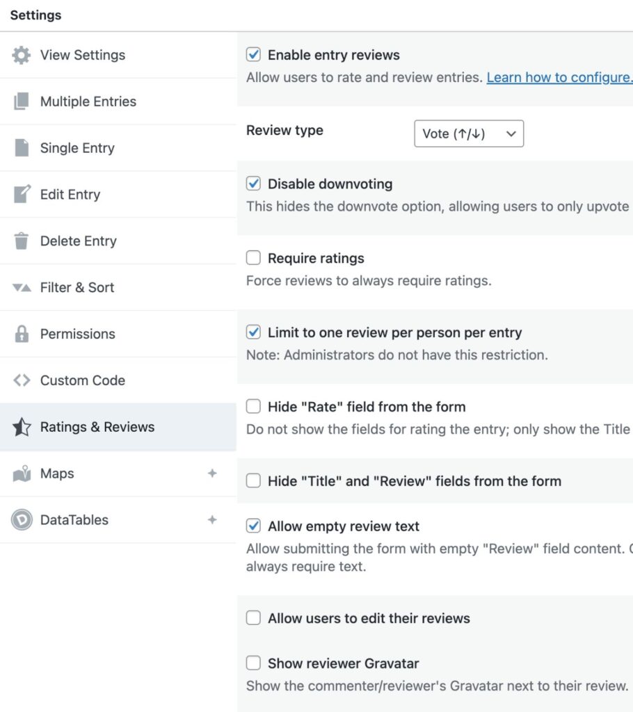 Ratings and review settings